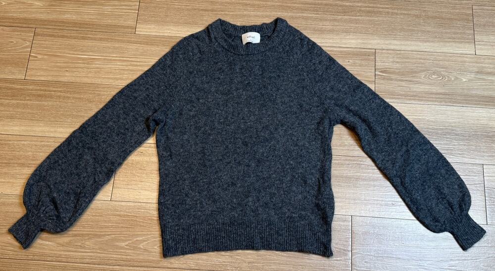 Wilfred Aritzia Gray Merino Wool Cashmere Blend Puff Sleeve Crew Neck Sweater S